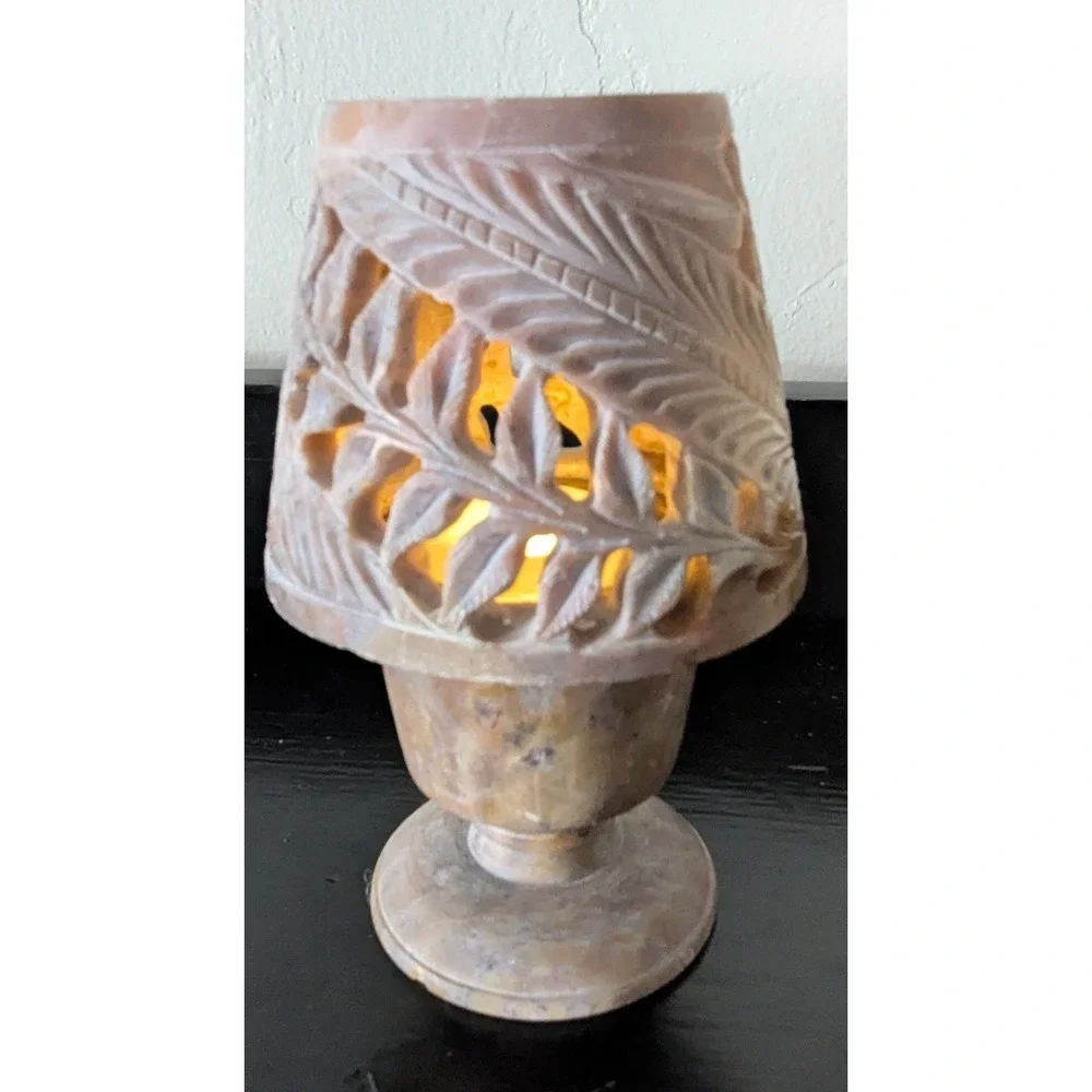 Carved Stone Tealight/Votive Candle‎ Holder and Shade Tones of Browns & Pinks 6